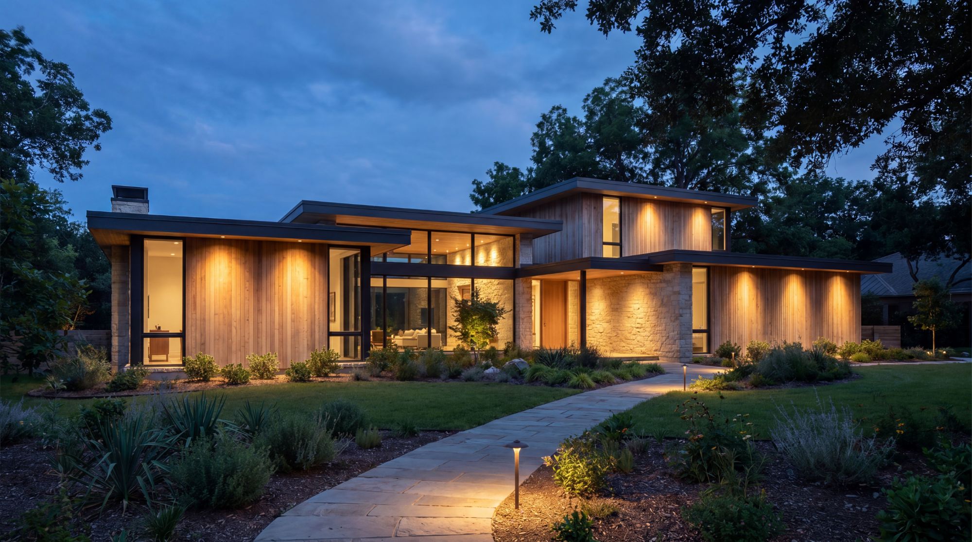 Modern home at dusk with custom landscape and facade lighting by Ohm Lux Electric