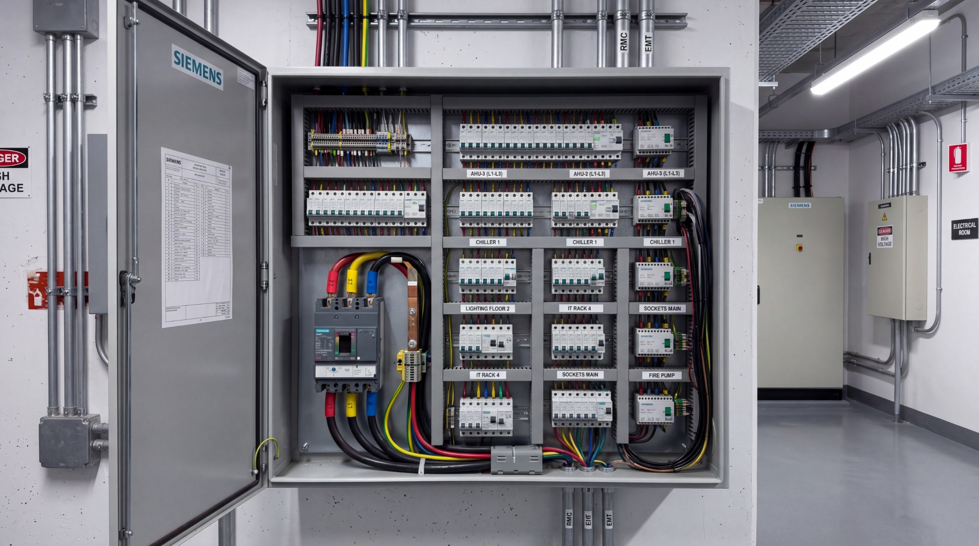 Industrial Siemens control panel with labeled breakers installed by Ohm Lux Electric